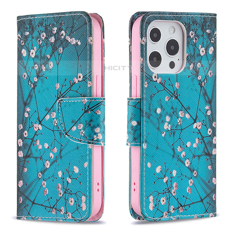 Custodia Portafoglio In Pelle Fiori Cover con Supporto L02 per Apple iPhone 16 Pro Max Ciano