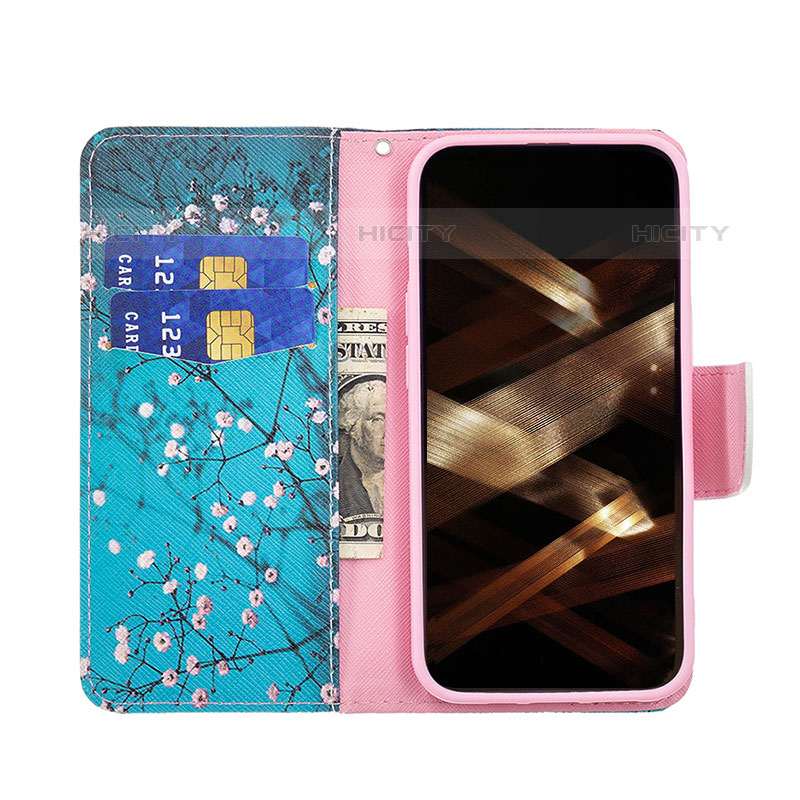 Custodia Portafoglio In Pelle Fiori Cover con Supporto L02 per Apple iPhone 16 Pro Max Ciano