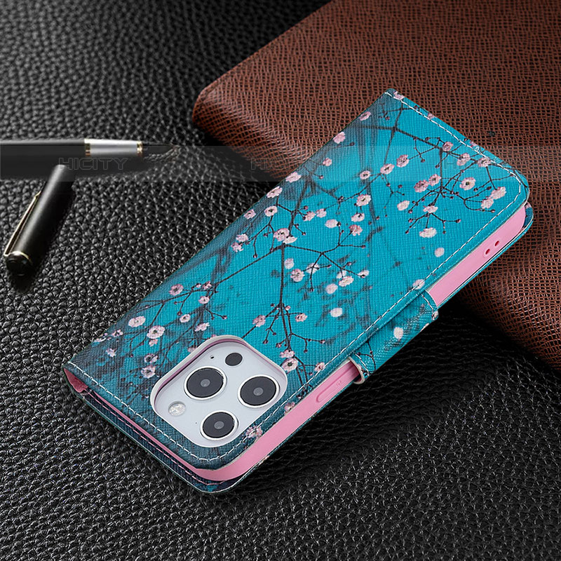 Custodia Portafoglio In Pelle Fiori Cover con Supporto L02 per Apple iPhone 16 Pro Max Ciano