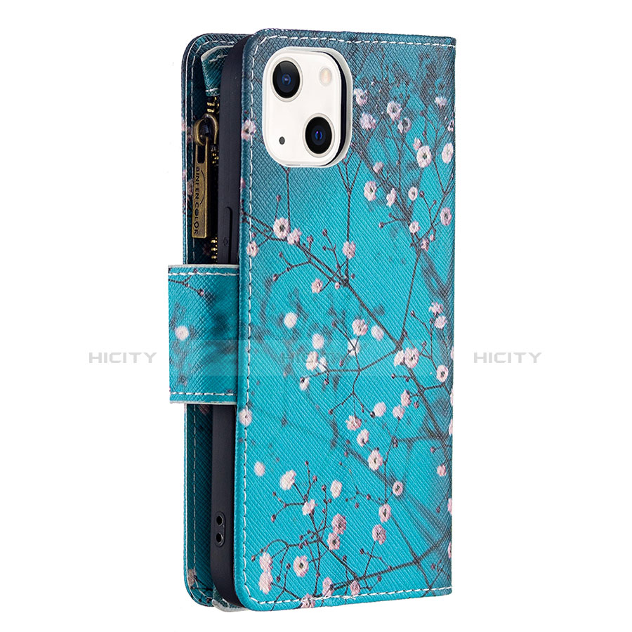 Custodia Portafoglio In Pelle Fiori Cover con Supporto L03 per Apple iPhone 13 Ciano