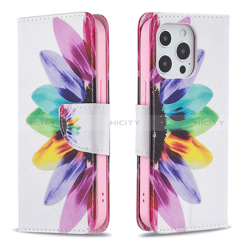 Custodia Portafoglio In Pelle Fiori Cover con Supporto L03 per Apple iPhone 14 Pro Max Rosa