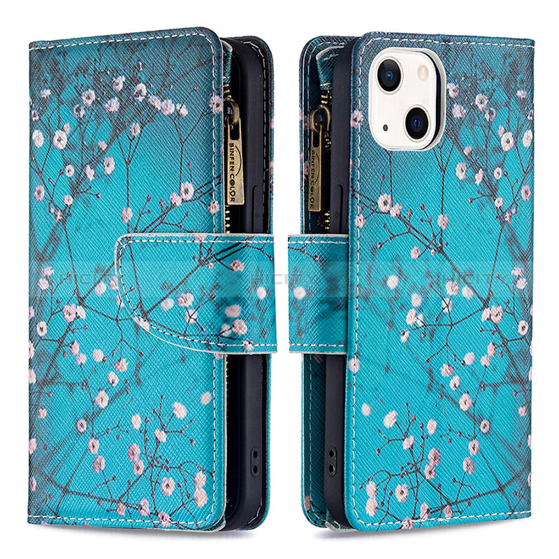 Custodia Portafoglio In Pelle Fiori Cover con Supporto L03 per Apple iPhone 15 Ciano