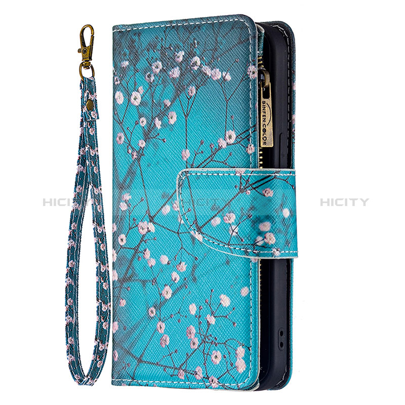 Custodia Portafoglio In Pelle Fiori Cover con Supporto L03 per Apple iPhone 15 Ciano