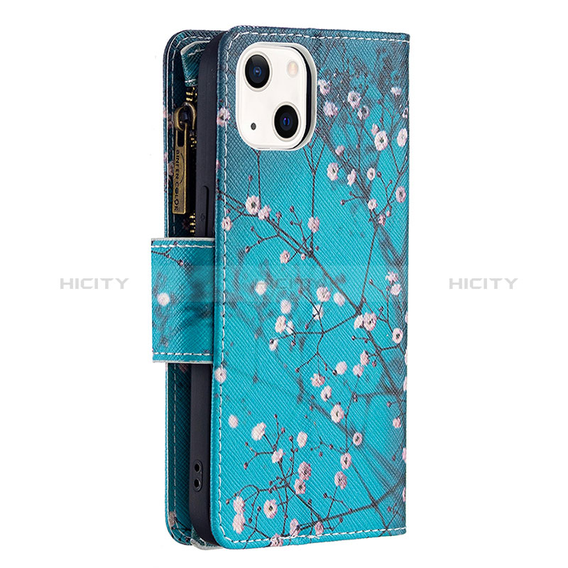 Custodia Portafoglio In Pelle Fiori Cover con Supporto L03 per Apple iPhone 15 Ciano