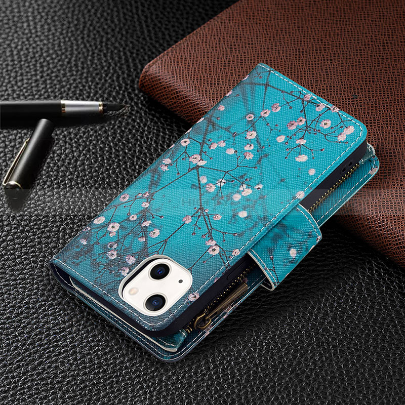 Custodia Portafoglio In Pelle Fiori Cover con Supporto L03 per Apple iPhone 15 Ciano