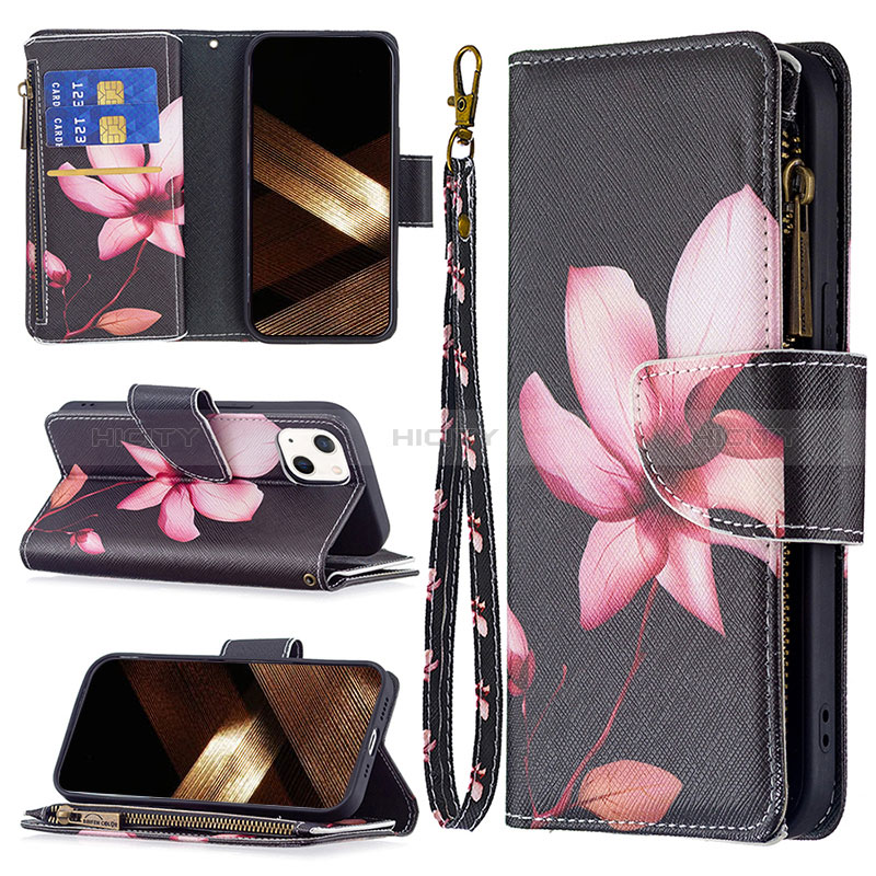 Custodia Portafoglio In Pelle Fiori Cover con Supporto L03 per Apple iPhone 15 Marrone