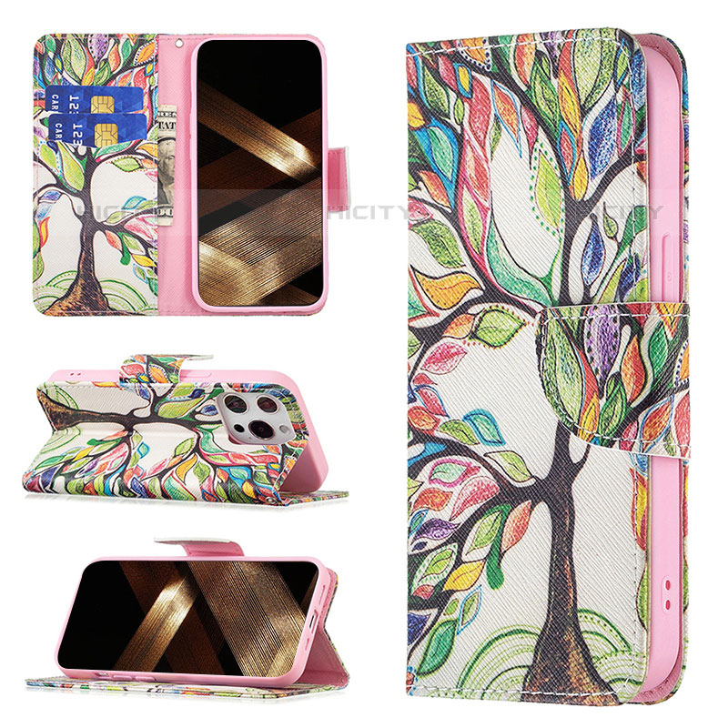 Custodia Portafoglio In Pelle Fiori Cover con Supporto L03 per Apple iPhone 15 Pro Multicolore