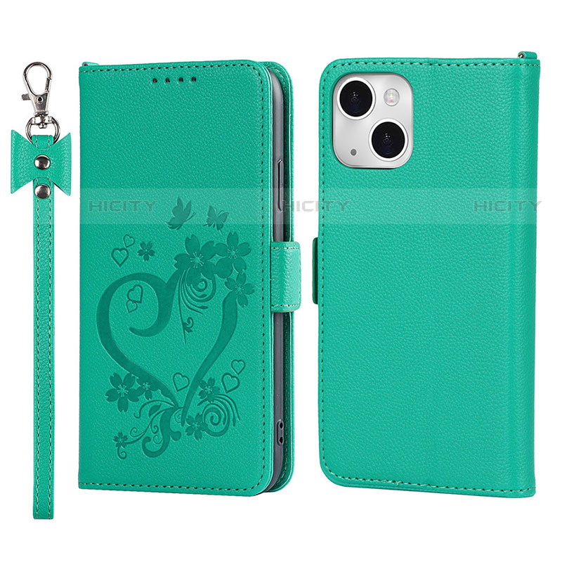 Custodia Portafoglio In Pelle Fiori Cover con Supporto L16 per Apple iPhone 13 Mini Verde