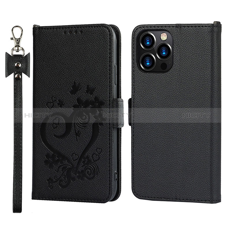 Custodia Portafoglio In Pelle Fiori Cover con Supporto L16 per Apple iPhone 14 Pro Max Nero