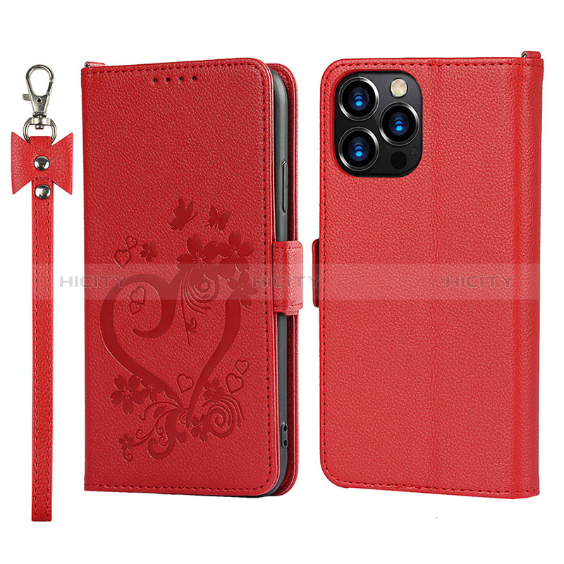 Custodia Portafoglio In Pelle Fiori Cover con Supporto L16 per Apple iPhone 14 Pro Max Rosso