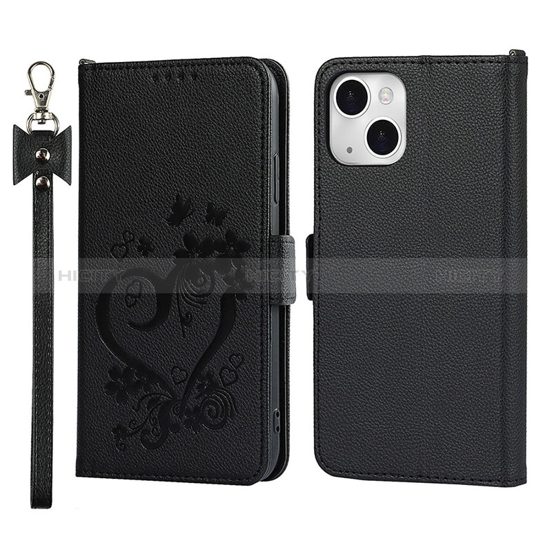 Custodia Portafoglio In Pelle Fiori Cover con Supporto L16 per Apple iPhone 15 Nero