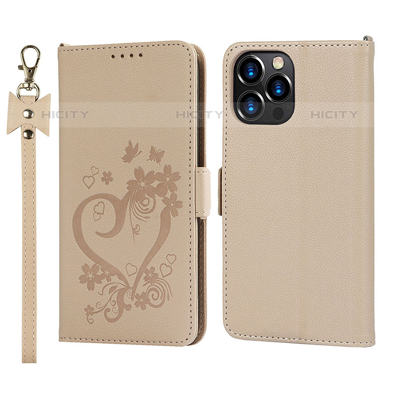 Custodia Portafoglio In Pelle Fiori Cover con Supporto L16 per Apple iPhone 15 Pro Oro