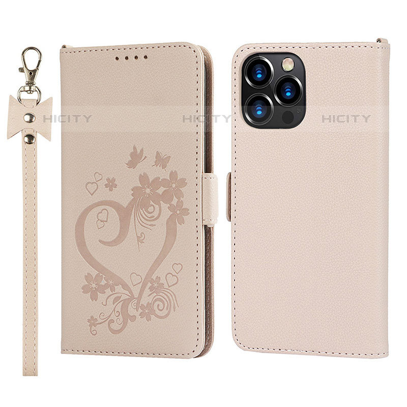 Custodia Portafoglio In Pelle Fiori Cover con Supporto L16 per Apple iPhone 15 Pro Oro Rosa