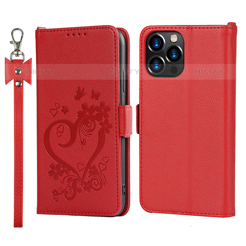 Custodia Portafoglio In Pelle Fiori Cover con Supporto L16 per Apple iPhone 15 Pro Rosso