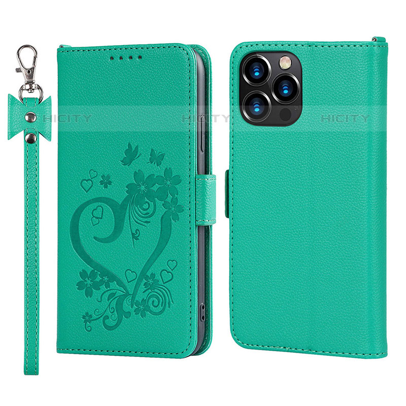 Custodia Portafoglio In Pelle Fiori Cover con Supporto L16 per Apple iPhone 15 Pro Verde