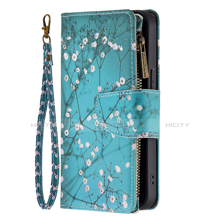 Custodia Portafoglio In Pelle Fiori Cover con Supporto per Apple iPhone 13 Pro Max Ciano