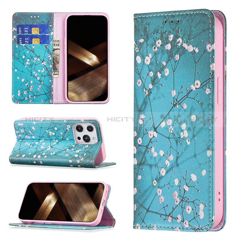 Custodia Portafoglio In Pelle Fiori Cover con Supporto per Apple iPhone 14 Pro Cielo Blu