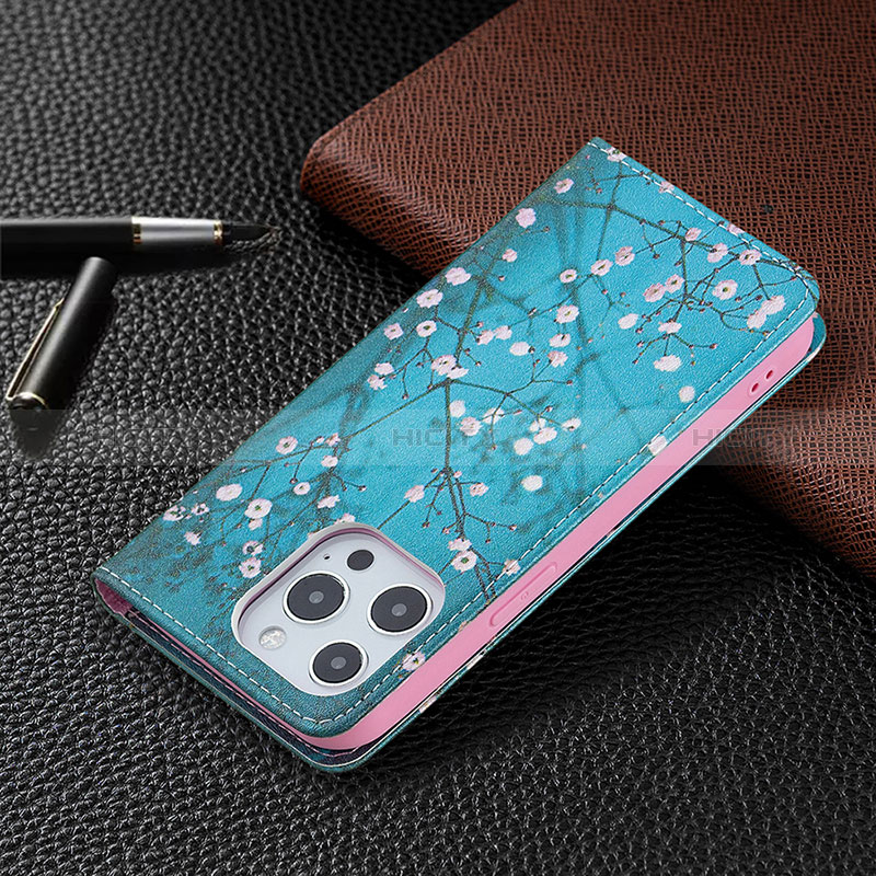 Custodia Portafoglio In Pelle Fiori Cover con Supporto per Apple iPhone 14 Pro Cielo Blu