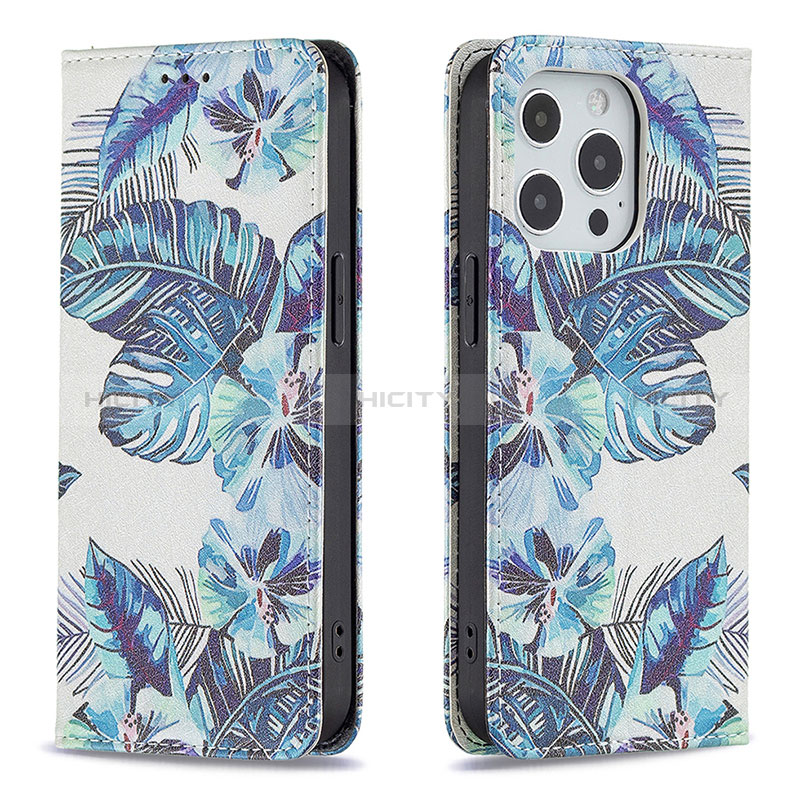 Custodia Portafoglio In Pelle Fiori Cover con Supporto per Apple iPhone 14 Pro Max Blu