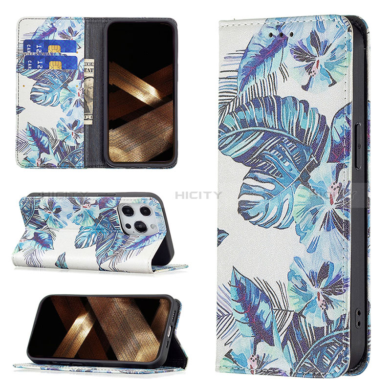 Custodia Portafoglio In Pelle Fiori Cover con Supporto per Apple iPhone 14 Pro Max Blu