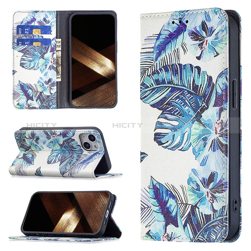 Custodia Portafoglio In Pelle Fiori Cover con Supporto per Apple iPhone 15 Blu