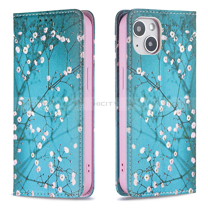 Custodia Portafoglio In Pelle Fiori Cover con Supporto per Apple iPhone 15 Ciano