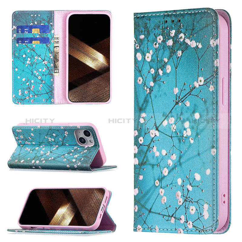 Custodia Portafoglio In Pelle Fiori Cover con Supporto per Apple iPhone 15 Ciano