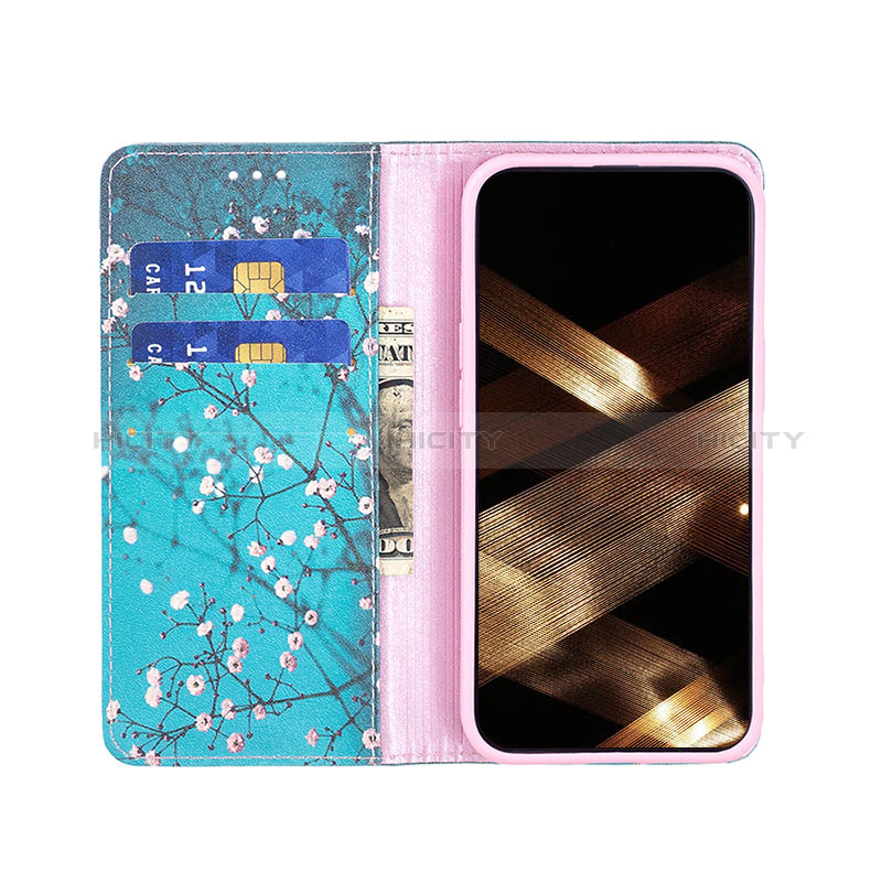 Custodia Portafoglio In Pelle Fiori Cover con Supporto per Apple iPhone 15 Ciano