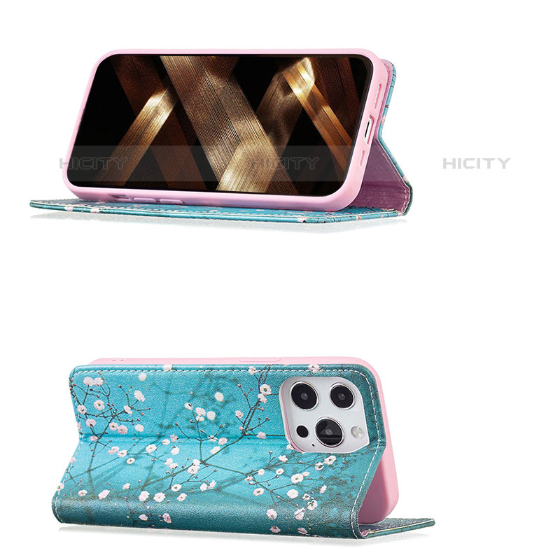 Custodia Portafoglio In Pelle Fiori Cover con Supporto per Apple iPhone 15 Pro Cielo Blu