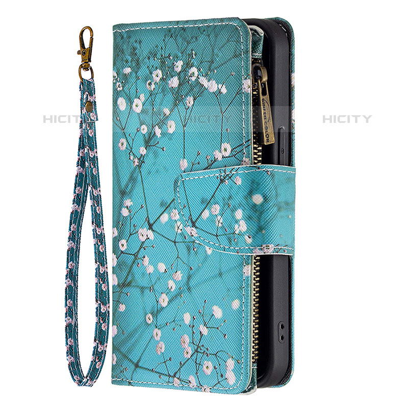 Custodia Portafoglio In Pelle Fiori Cover con Supporto per Apple iPhone 15 Pro Max Ciano