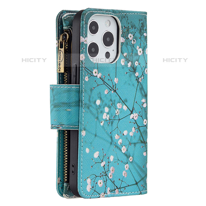 Custodia Portafoglio In Pelle Fiori Cover con Supporto per Apple iPhone 15 Pro Max Ciano