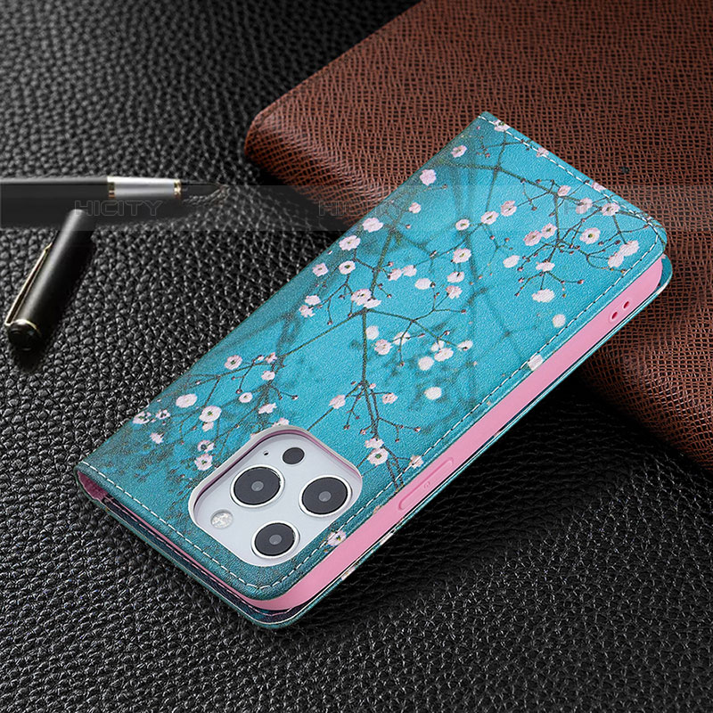 Custodia Portafoglio In Pelle Fiori Cover con Supporto per Apple iPhone 15 Pro Max Cielo Blu