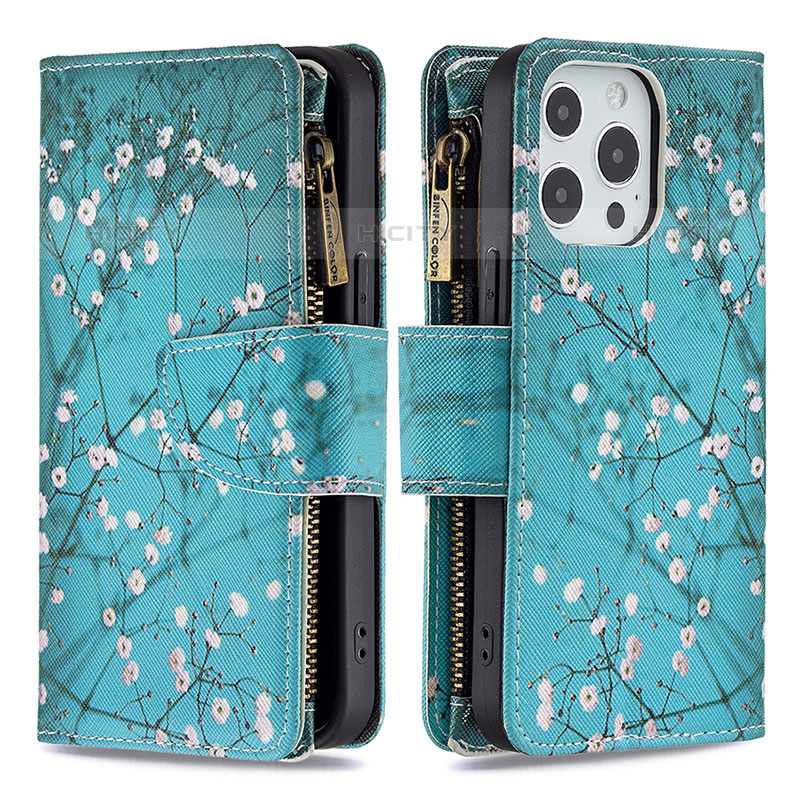 Custodia Portafoglio In Pelle Fiori Cover con Supporto per Apple iPhone 16 Pro Max Ciano