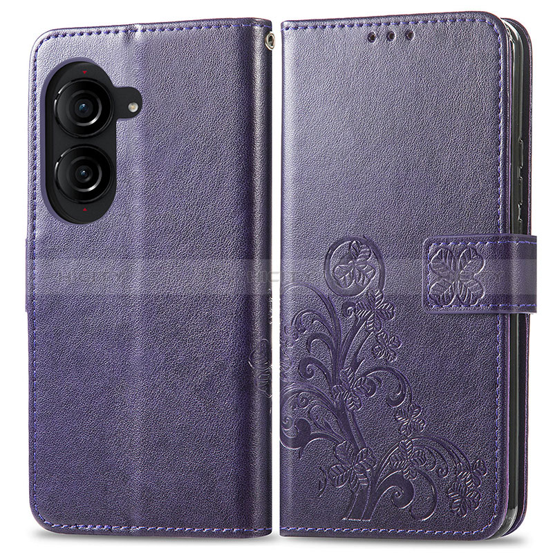 Custodia Portafoglio In Pelle Fiori Cover con Supporto per Asus ZenFone 10 Viola