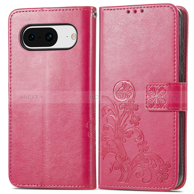 Custodia Portafoglio In Pelle Fiori Cover con Supporto per Google Pixel 8 5G Rosa Caldo