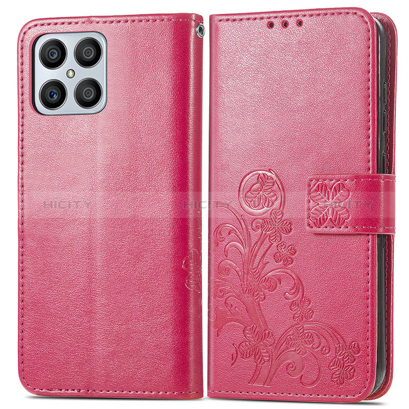 Custodia Portafoglio In Pelle Fiori Cover con Supporto per Huawei Honor X8 4G Rosa Caldo