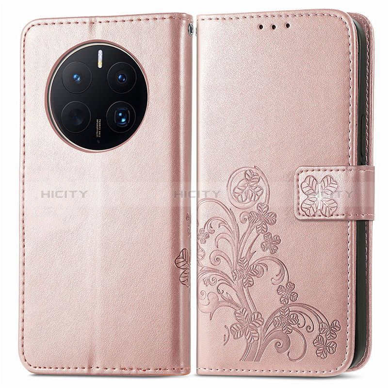 Custodia Portafoglio In Pelle Fiori Cover con Supporto per Huawei Mate 50 Pro Oro Rosa