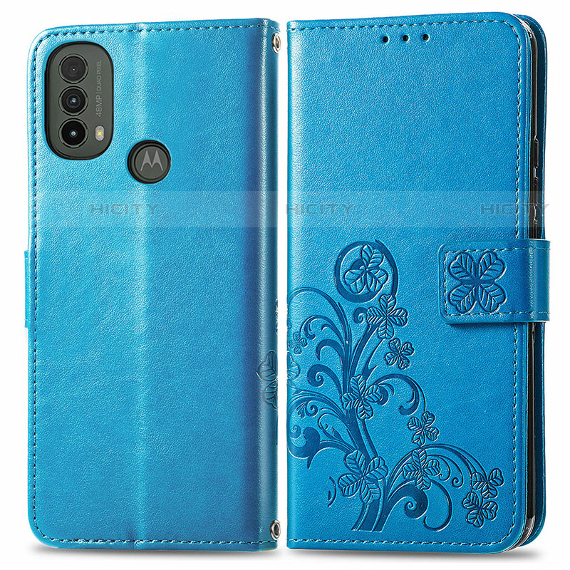 Custodia Portafoglio In Pelle Fiori Cover con Supporto per Motorola Moto E20 Blu