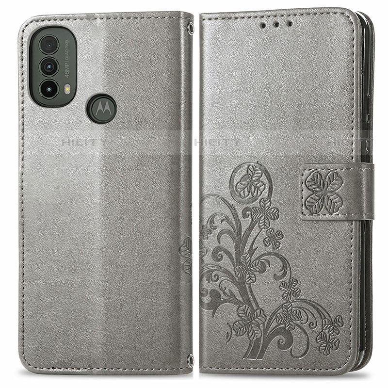 Custodia Portafoglio In Pelle Fiori Cover con Supporto per Motorola Moto E20 Grigio