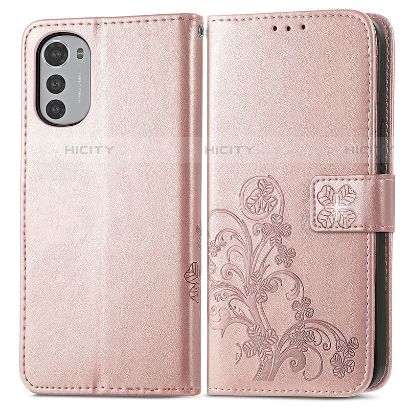 Custodia Portafoglio In Pelle Fiori Cover con Supporto per Motorola Moto E32 Rosa