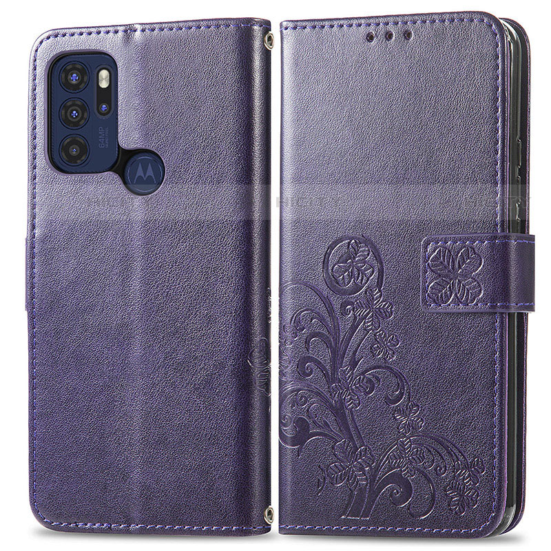 Custodia Portafoglio In Pelle Fiori Cover con Supporto per Motorola Moto G60s Viola