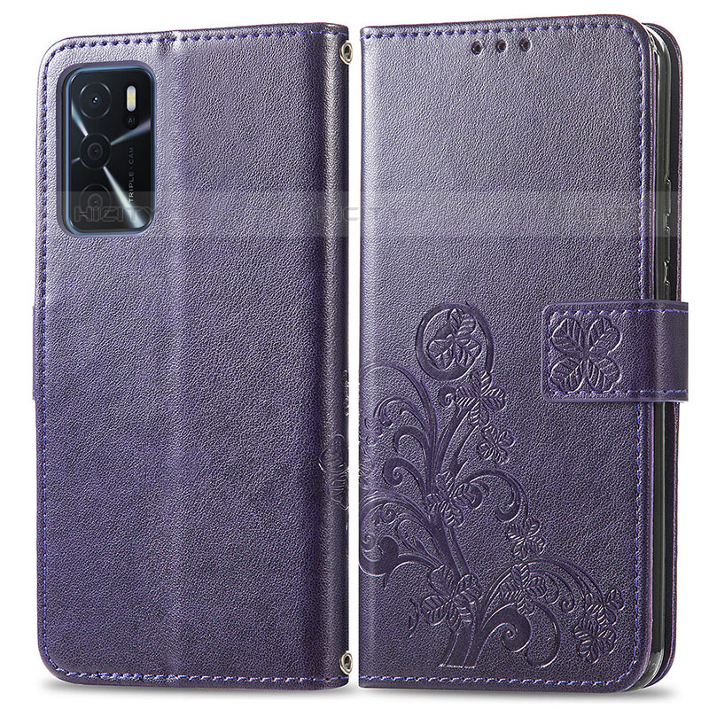 Custodia Portafoglio In Pelle Fiori Cover con Supporto per Oppo A16s Viola