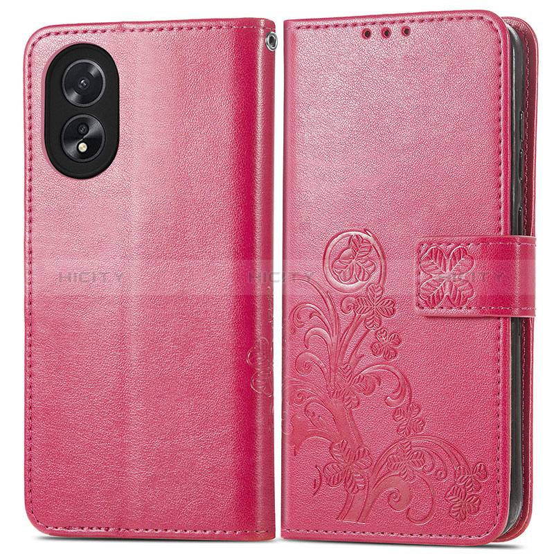 Custodia Portafoglio In Pelle Fiori Cover con Supporto per Oppo A18 Rosa Caldo