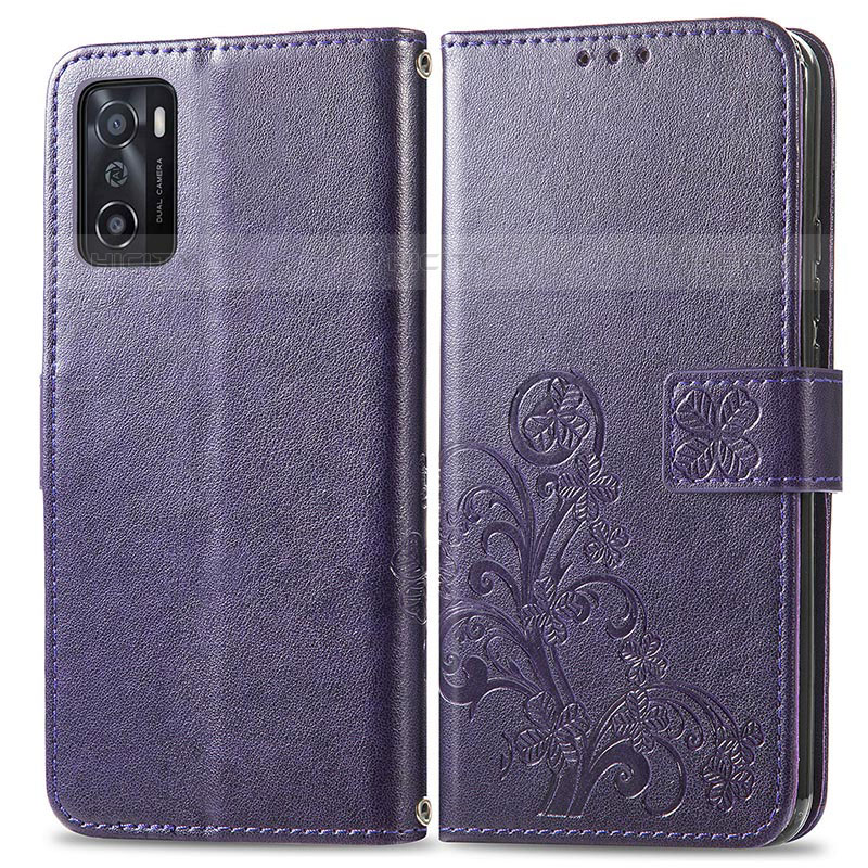 Custodia Portafoglio In Pelle Fiori Cover con Supporto per Oppo A55S 5G Viola