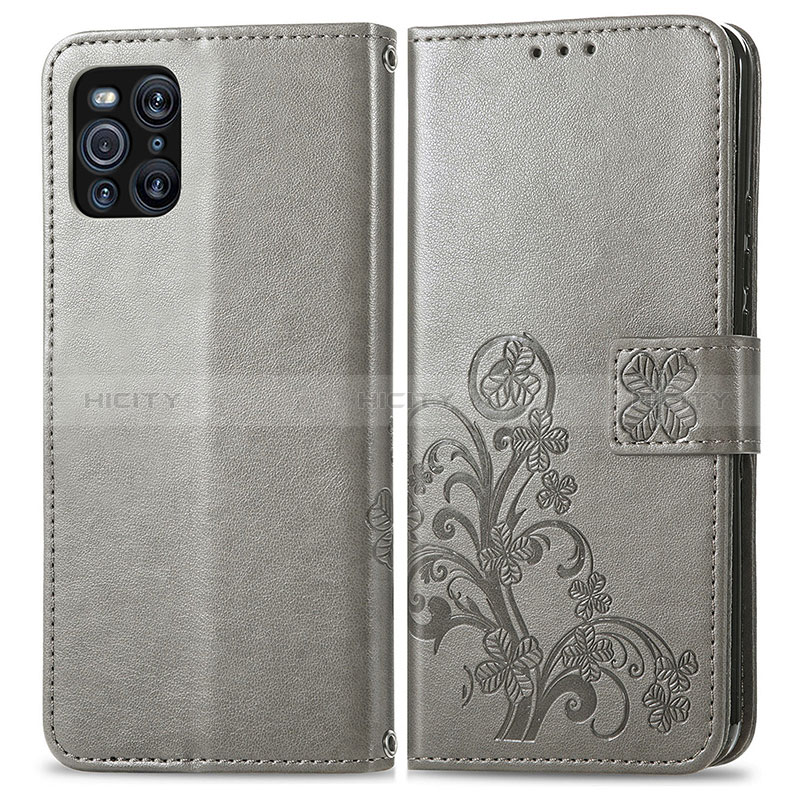 Custodia Portafoglio In Pelle Fiori Cover con Supporto per Oppo Find X3 5G Grigio