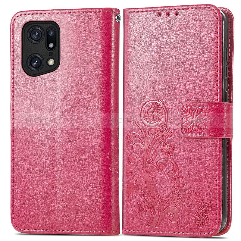 Custodia Portafoglio In Pelle Fiori Cover con Supporto per Oppo Find X5 5G Rosso