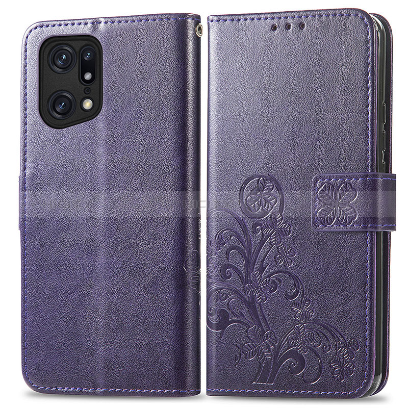 Custodia Portafoglio In Pelle Fiori Cover con Supporto per Oppo Find X5 5G Viola