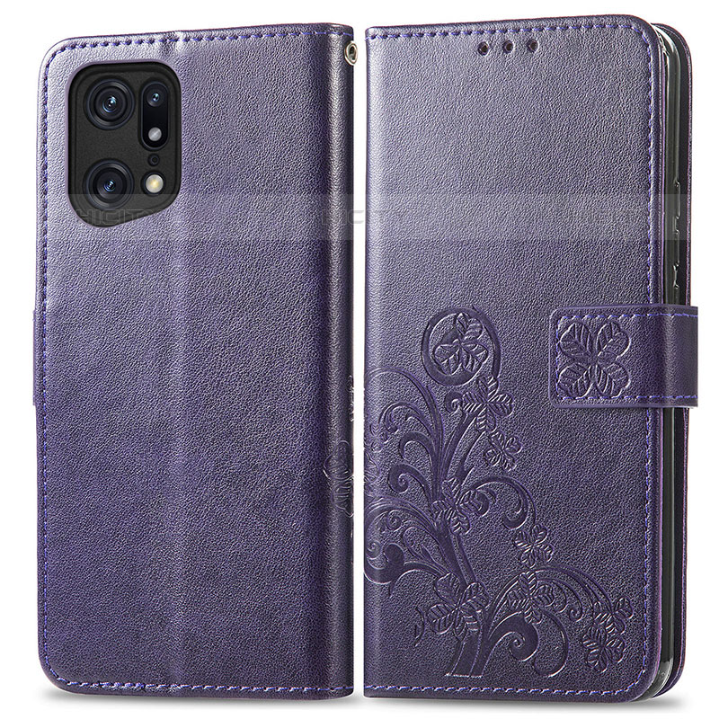 Custodia Portafoglio In Pelle Fiori Cover con Supporto per Oppo Find X5 Pro 5G Viola