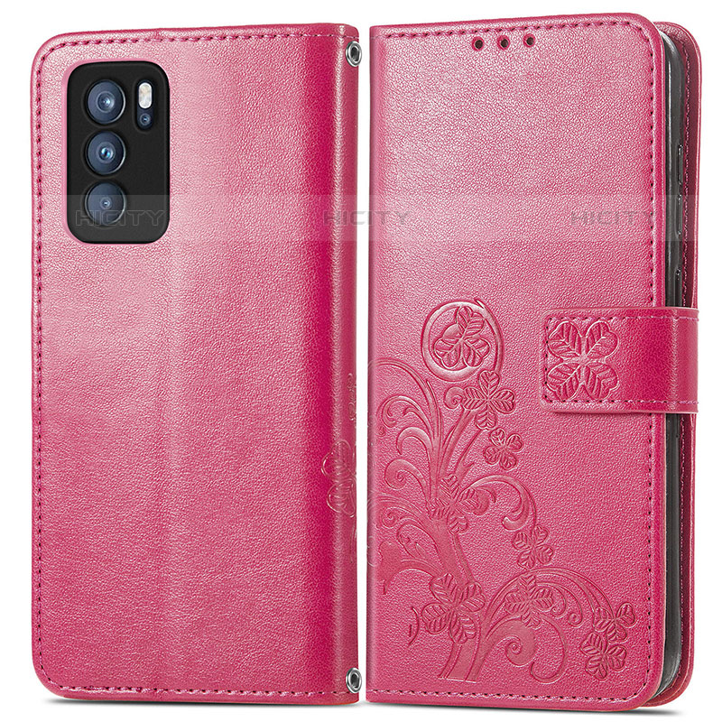 Custodia Portafoglio In Pelle Fiori Cover con Supporto per Oppo Reno6 Pro 5G India Rosso