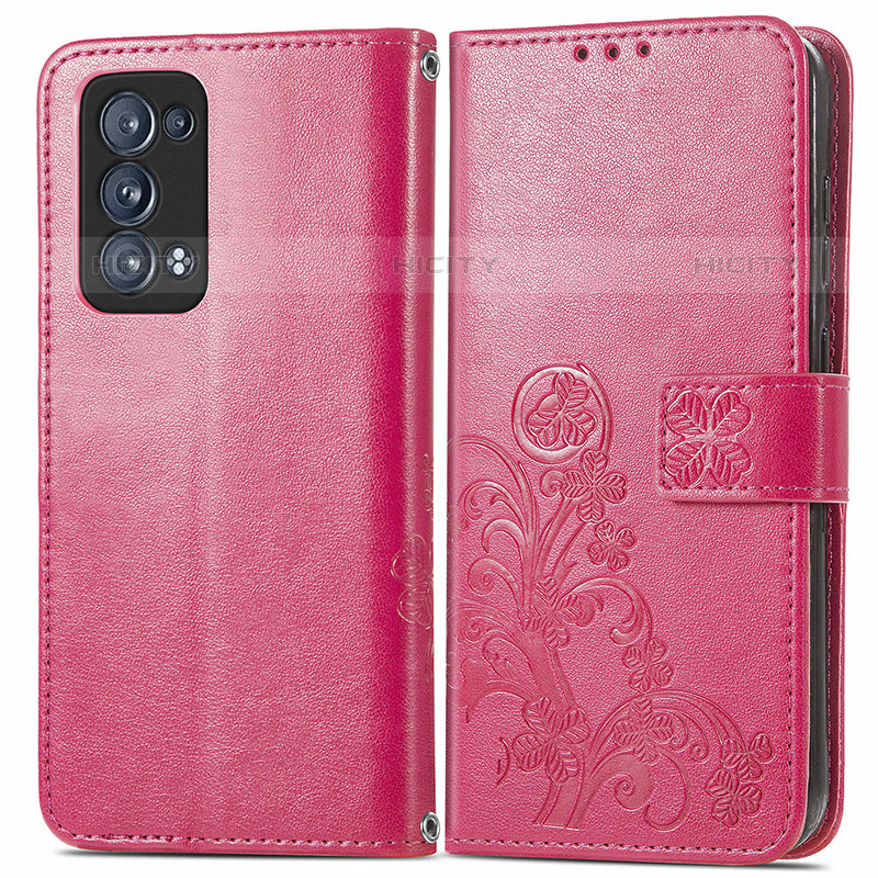 Custodia Portafoglio In Pelle Fiori Cover con Supporto per Oppo Reno6 Pro 5G Rosso